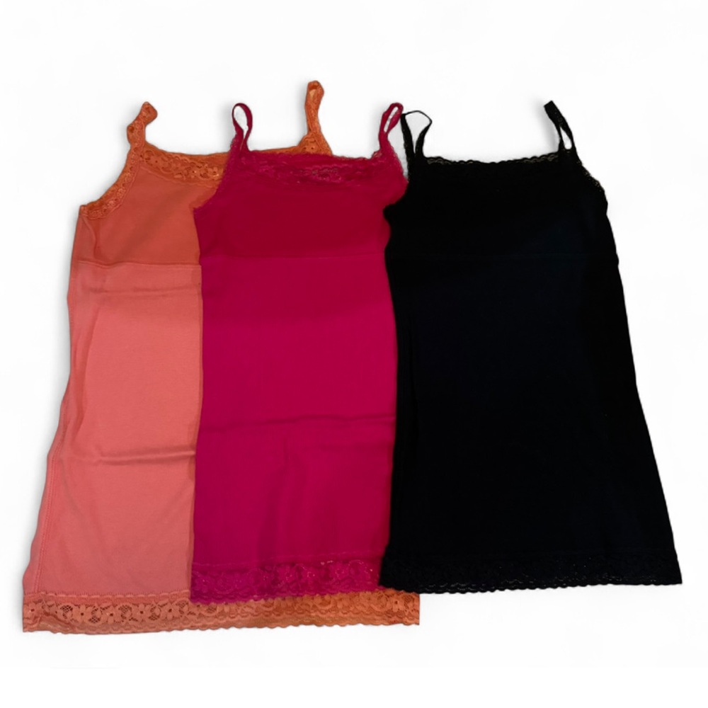 3 pack of Mossimo lace tank camisoles in pink, black, and orange